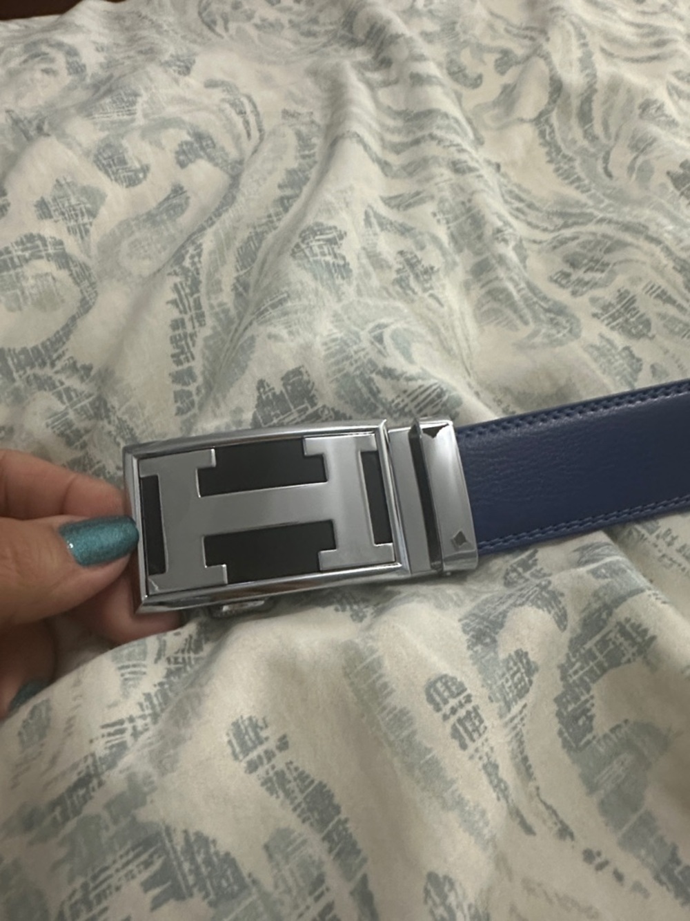 Blue Leather Belt with Silver Buckle